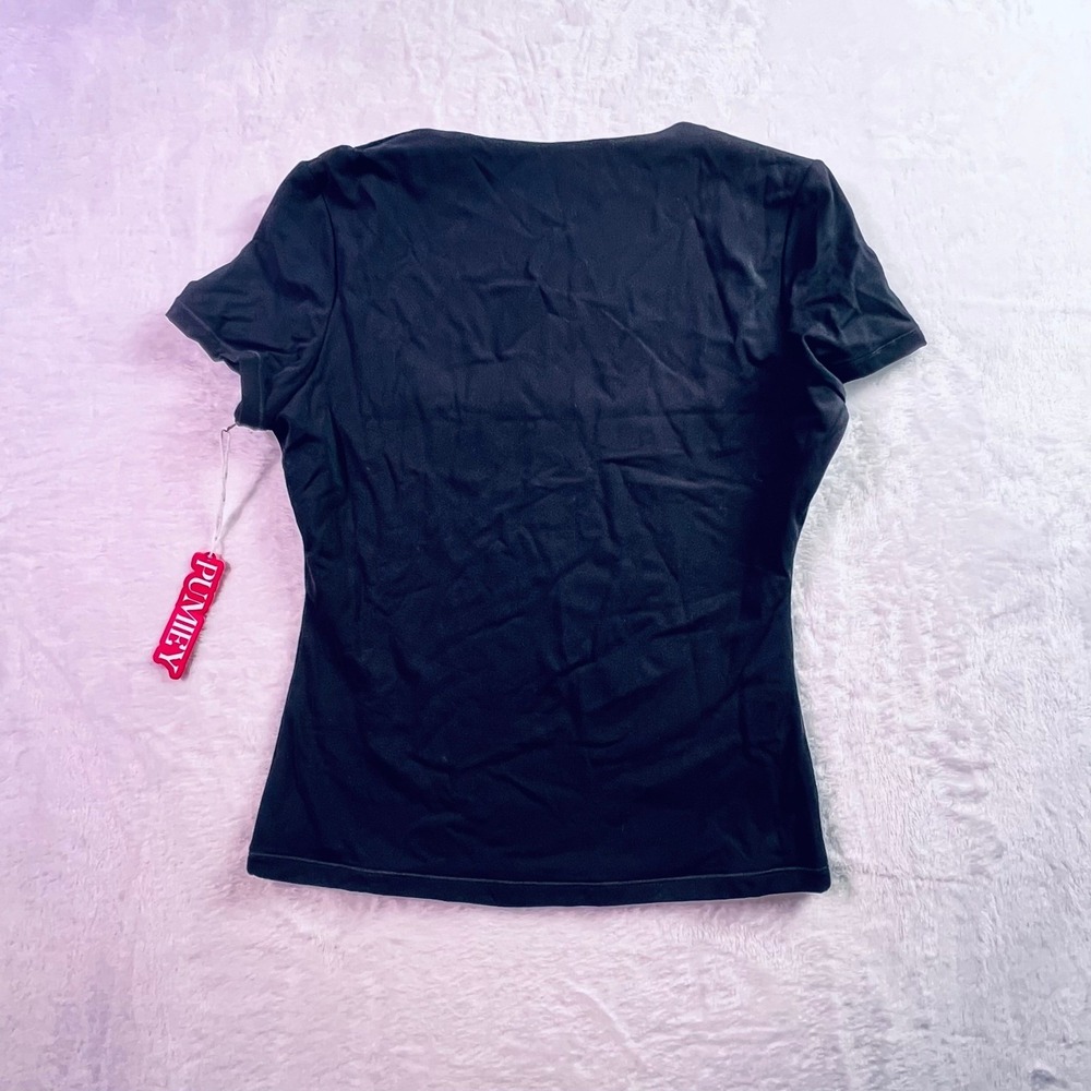 Pumiey Womens Black Square Neck Short Sleeve Slim Fit Stretch Top Small NEW - Picture 2 of 3